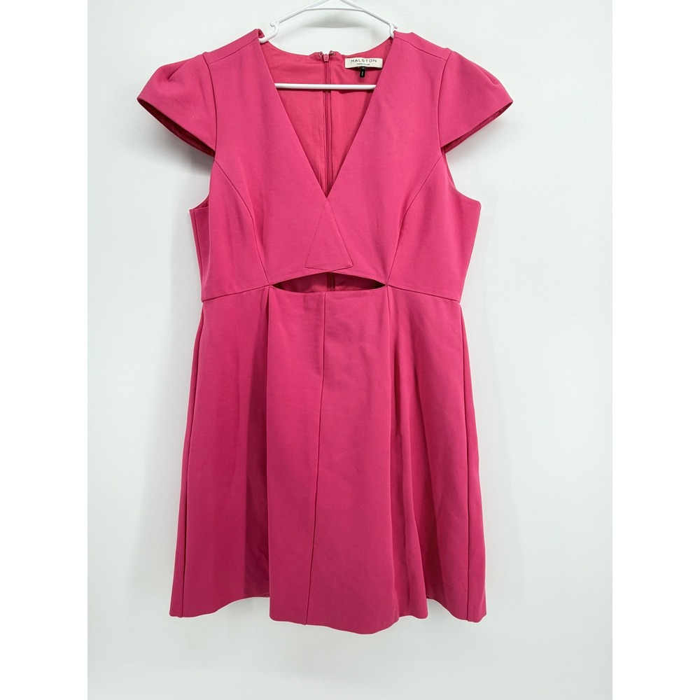 Halston Heritage Hot Pink V-Neck Cutout Cocktail Flare Party Dress 14 Barbiecore